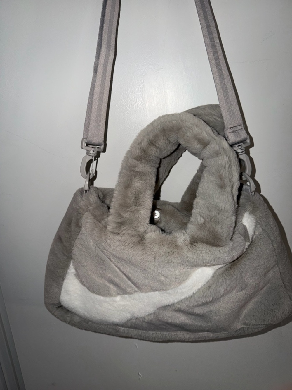 Nike Plush Faux Fur Shoulder Bag - Gray and White